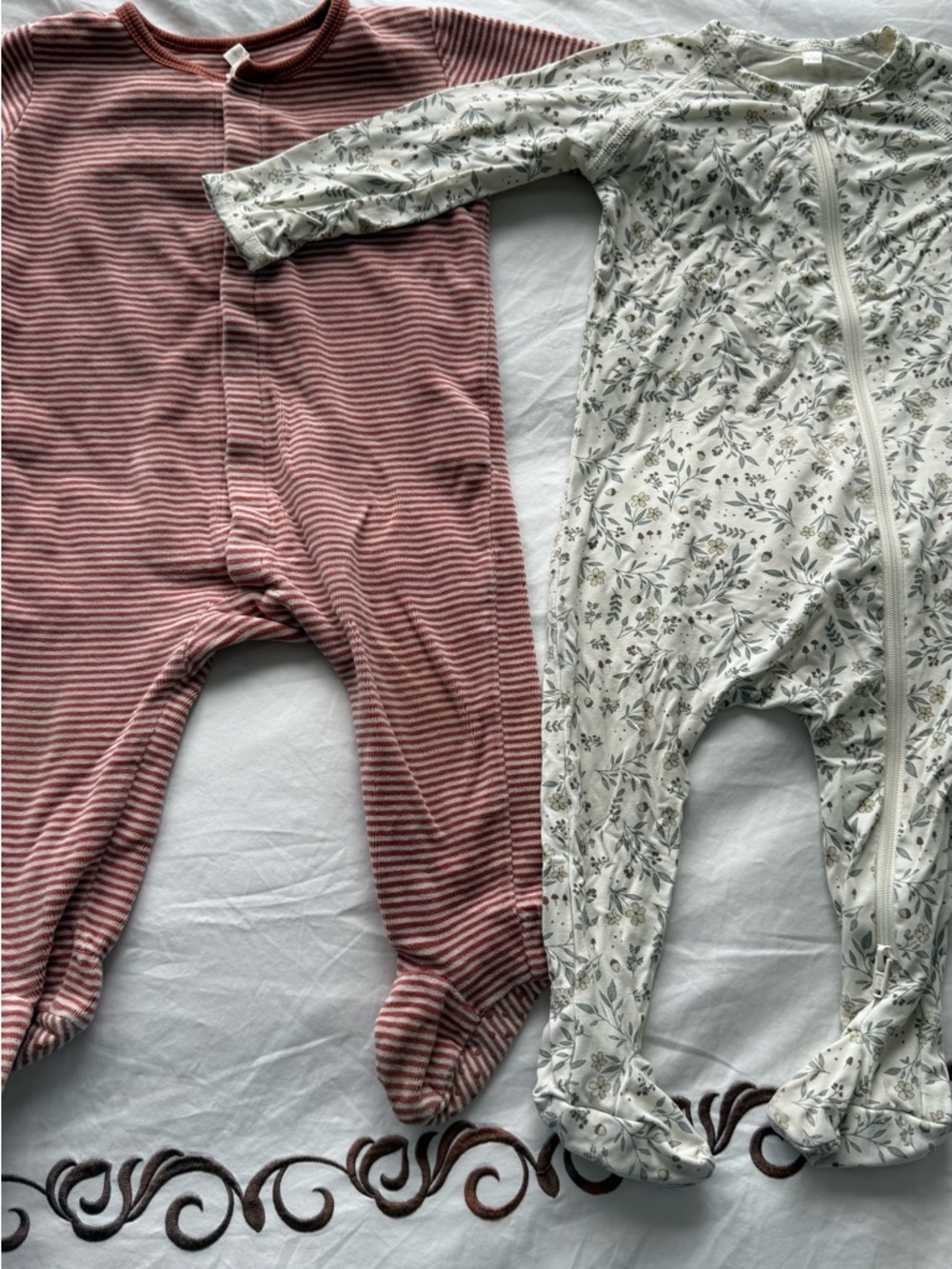 6-12 Month Footie Bundle, Hidden Snap Pinstripes + Zip Woodland Floral